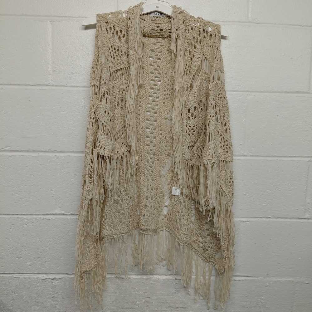 Le Dor Open Front Crotchet Fringe Boho Hippie Festival Coverup Layer Fits S/M
